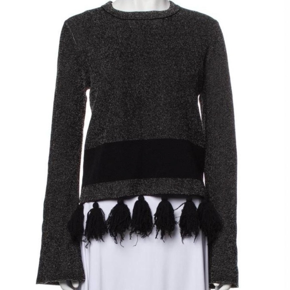 Proenza Schouler Black and Grey Wool/Silk Sweater With Tassel Hem, Size Small.